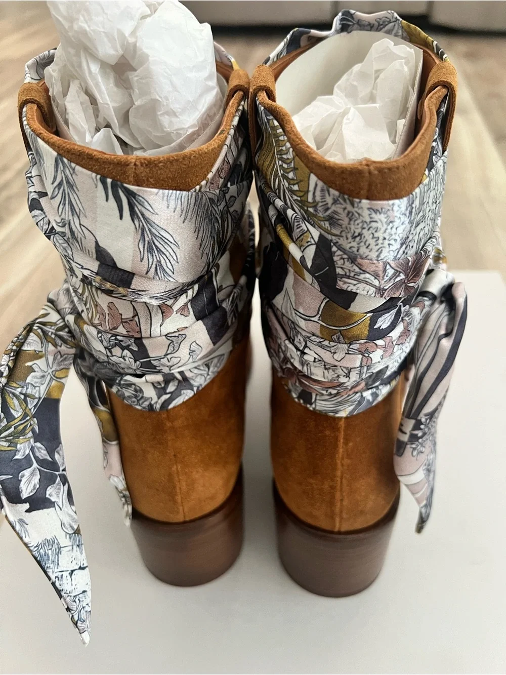 Robert Clergerie Tan Suede Ankle Boots with Printed Scarf Cuff